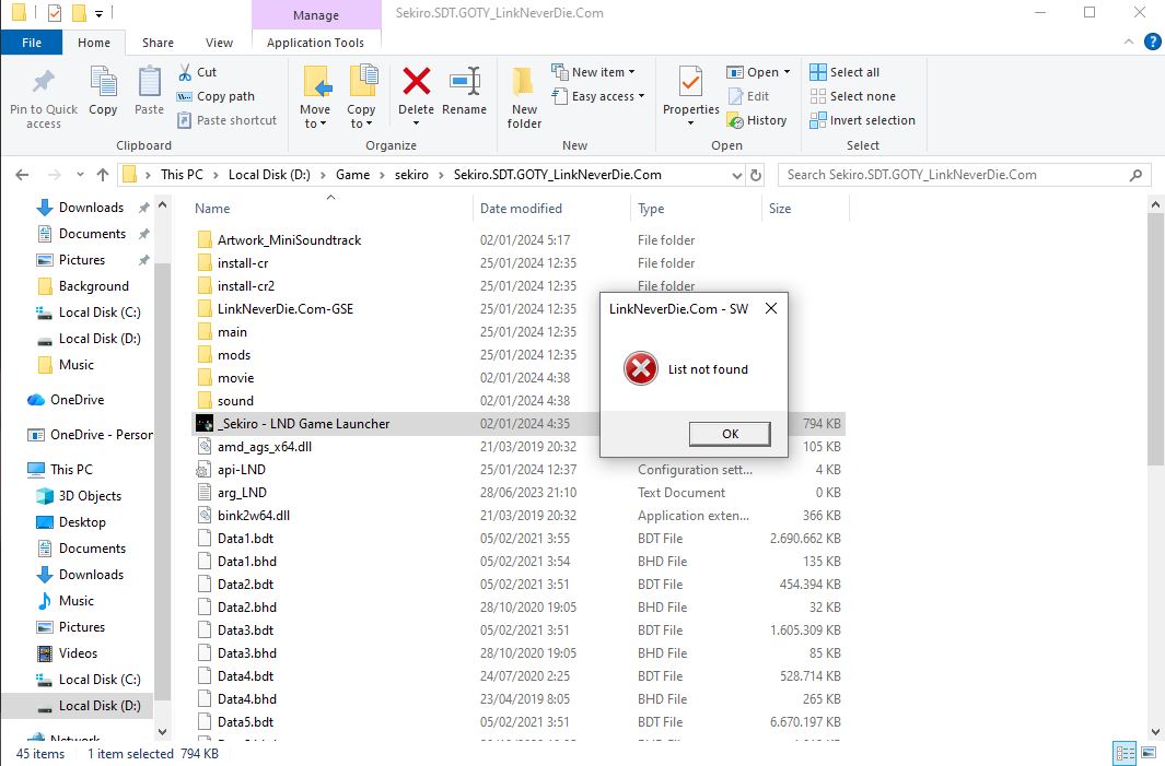 [Sekiro: Shadows Die Twice]: lỗi 32bit và list not found