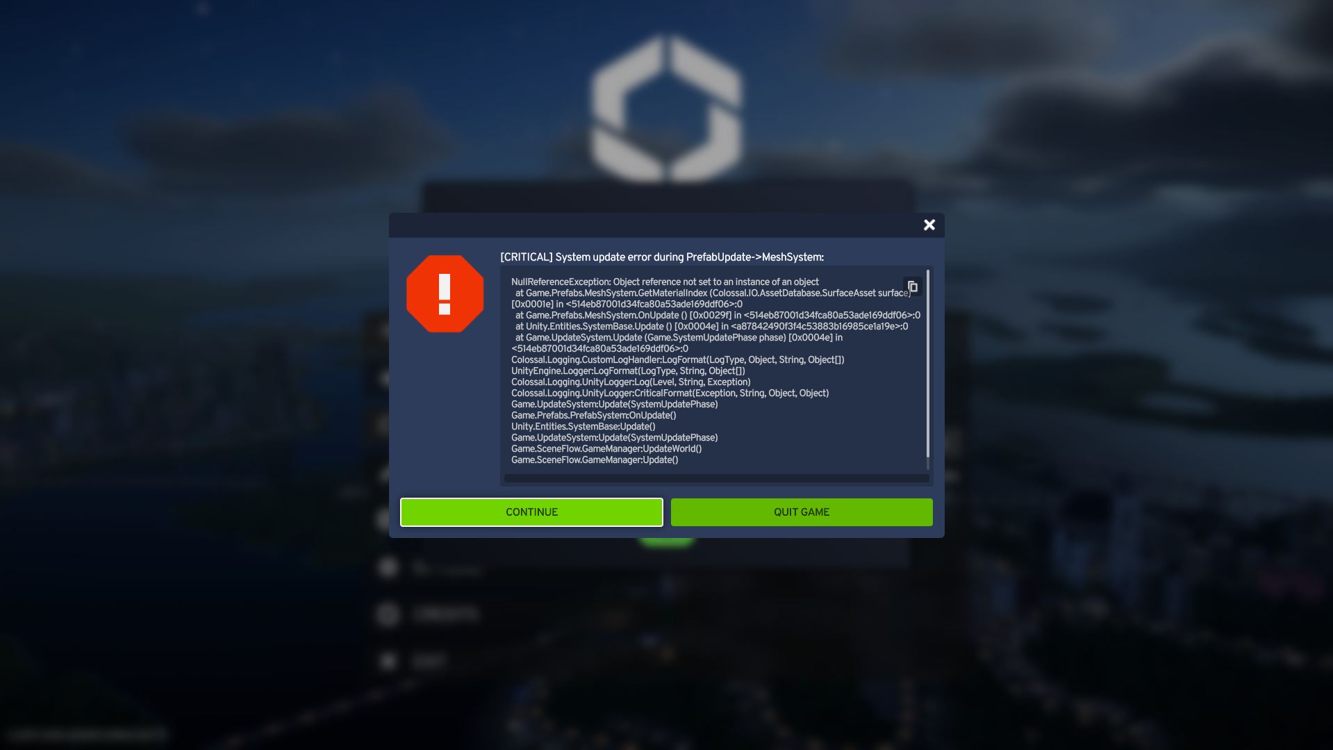 Lỗi khi vào game City Skyline 2