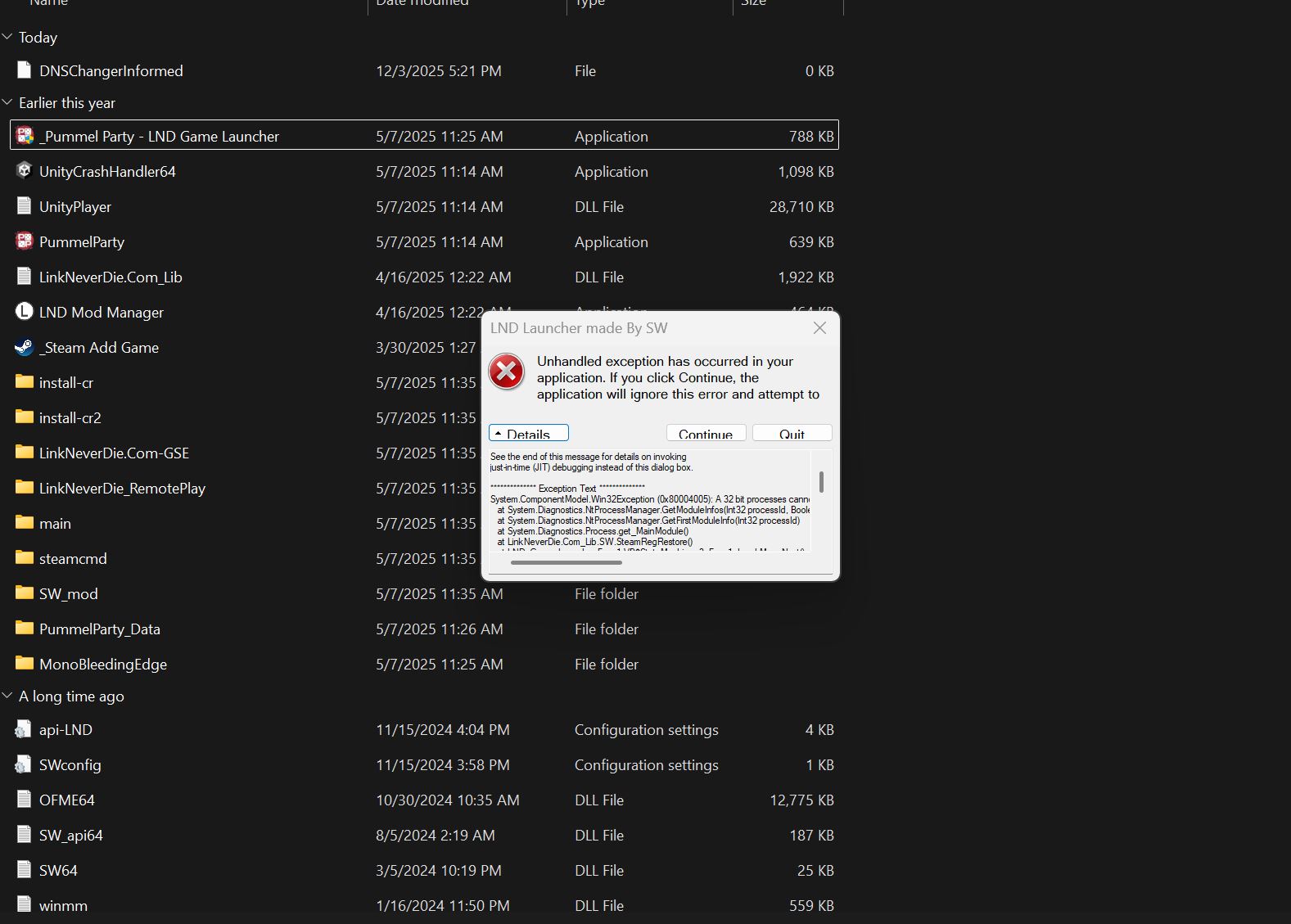 Lỗi game unhandled exception
