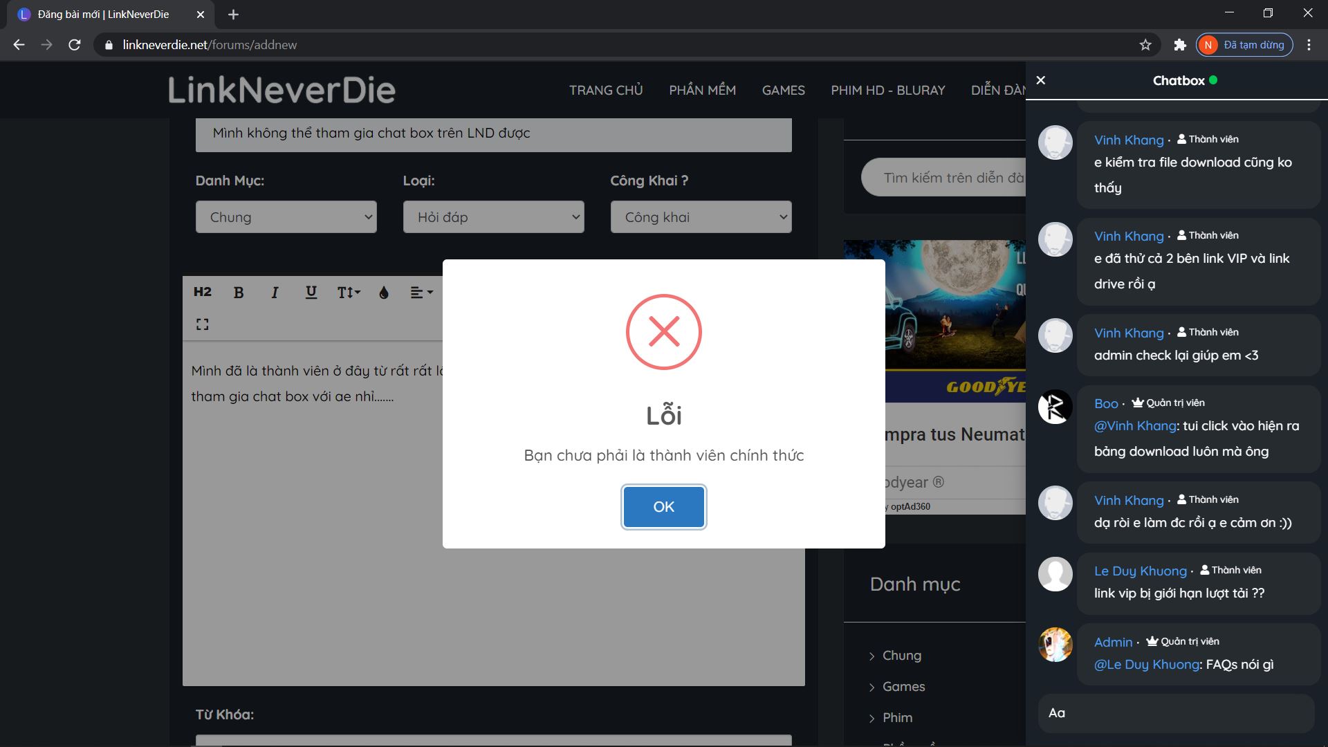 Mình không thể tham gia chat box trên LND được