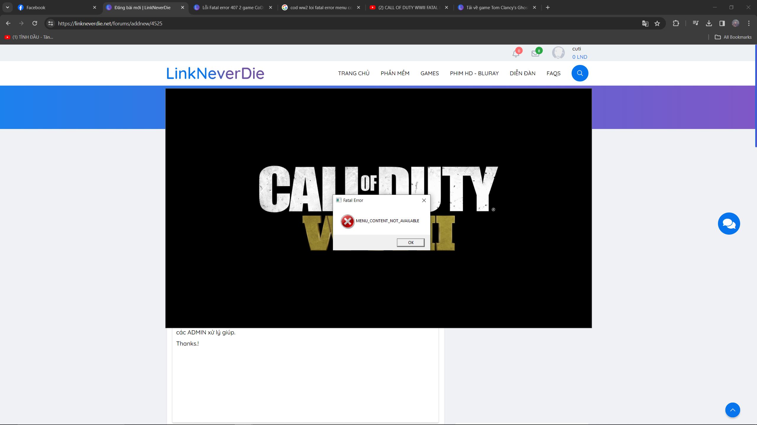 COD WWII lỗi Fatal Error : MENU_CONTENT_NOT_AVAILABLE