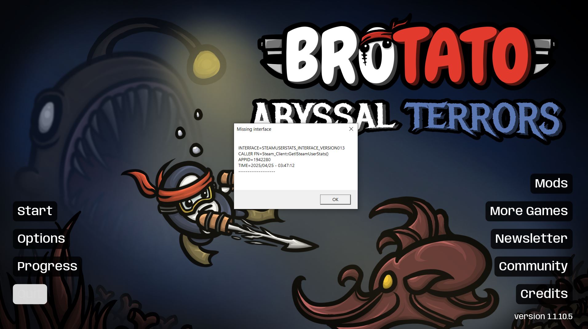Lỗi Missing interface Brotato phiên bản 1.1.10.5 (máy không cài steam).