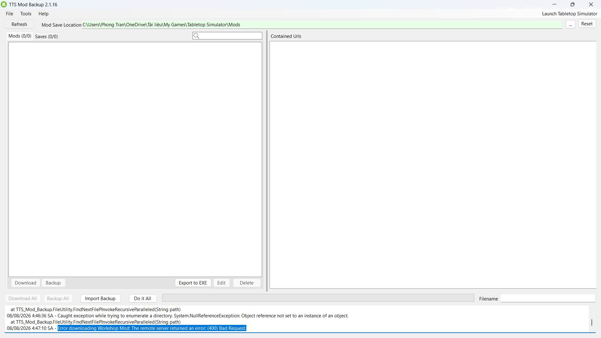 Lỗi Error: (400) Bad Request khi tải workshop của Tabletop simulator Lỗi Error: (400) Bad Request khi tải workshop của Tabletop simulator