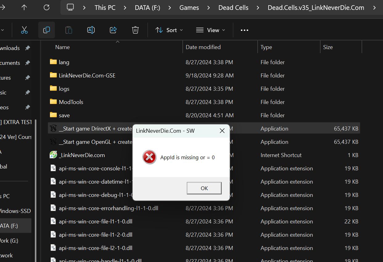 Lỗi AppID is Missing or = 0 game Dead Cells