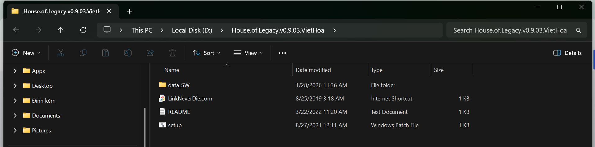 Lỗi setup game House of Legacy