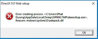 Lỗi Error creating process khi cài directx