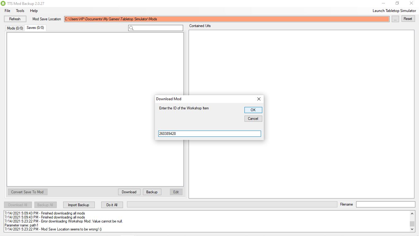 Lỗi khi tìm kiếm ID trên Mod Manager trong TableTop Simulator
