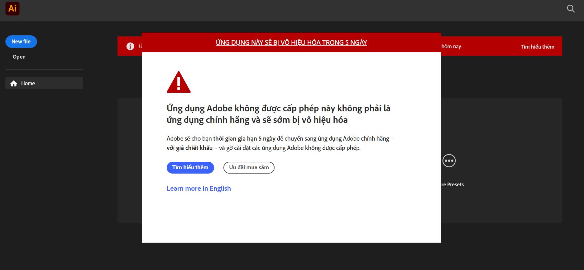 Tìm cách fix lỗi aler genuine software của adobe illustrator 2024