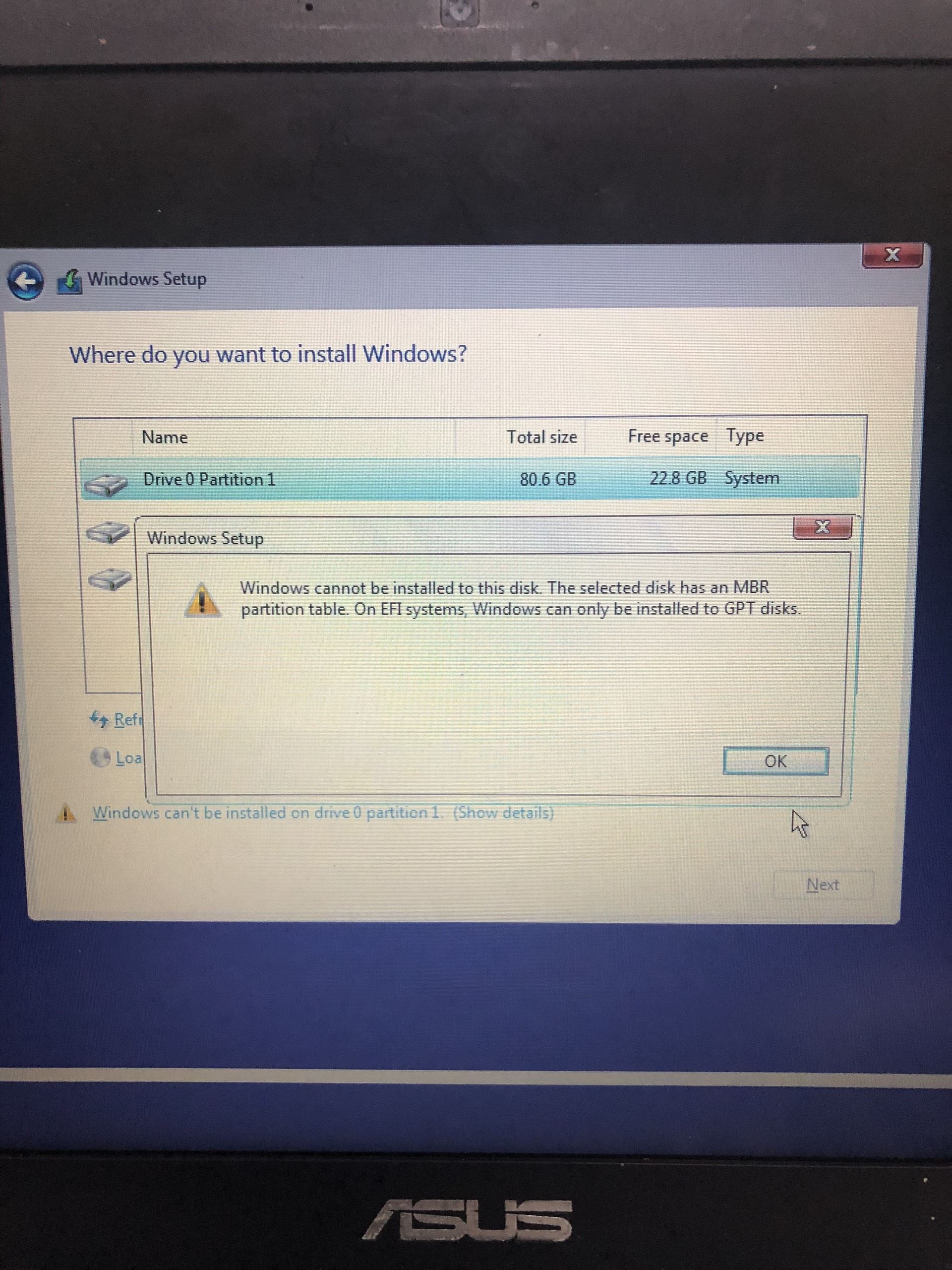 Gặp lỗi window cannot be installed to this disk