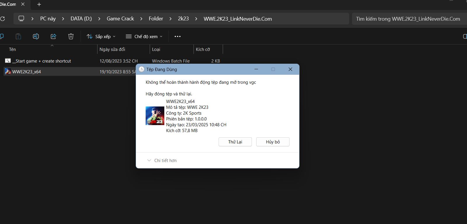 không xóa được file game vì đang mở trong vgc ?