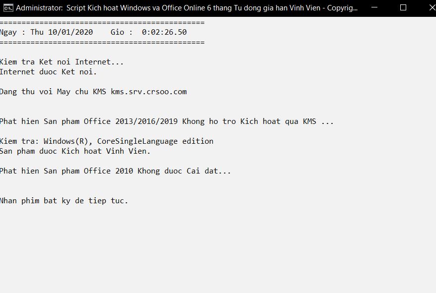 Sản phẩm Office 2019 không hỗ trợ kích hoạt qua KMS