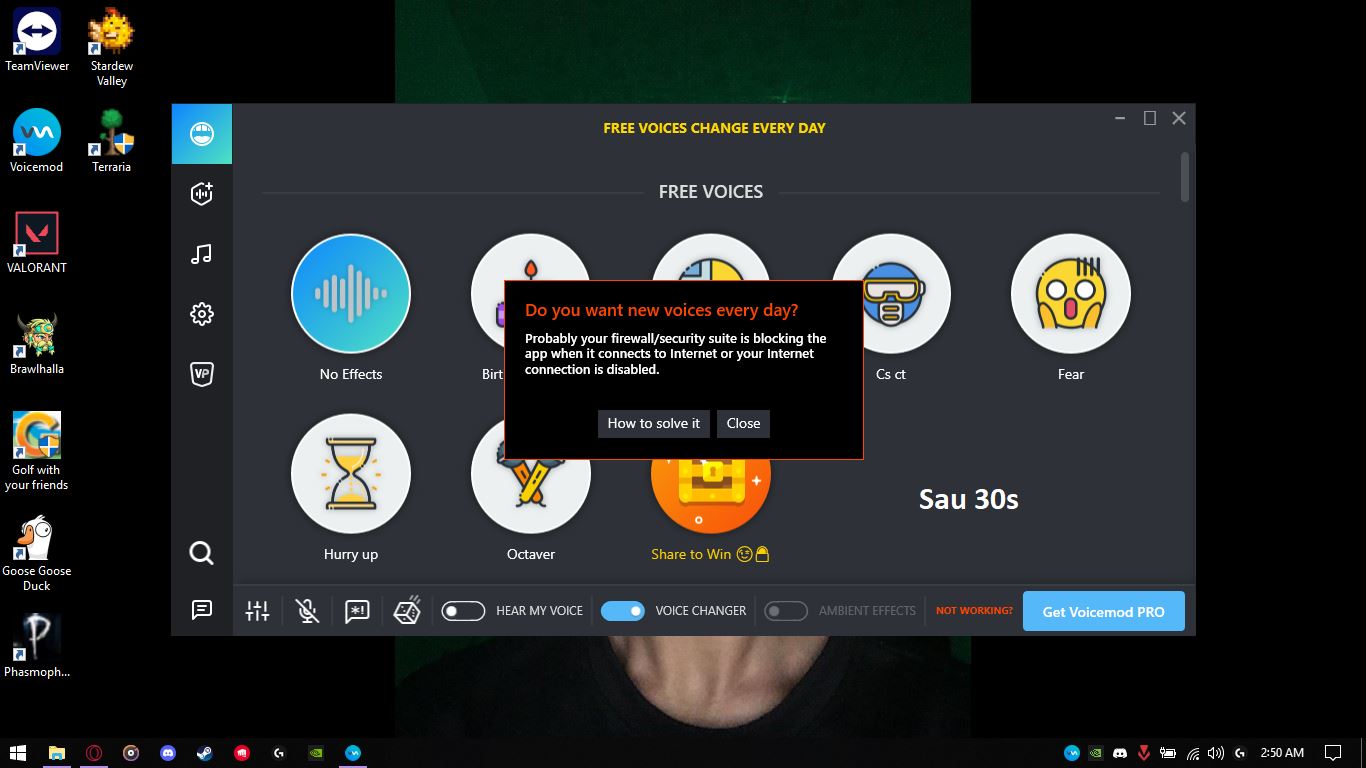 Voicemod v1.2.6.8 sau khi bật WIFI vẫn không lên pro version Voicemod v1.2.6.8 sau khi bật WIFI vẫn không lên pro version