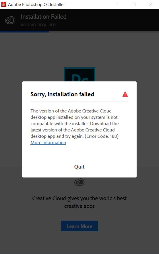 Khắc phục lỗi 188 khi cài đặt Adobe Photoshop CC 2018