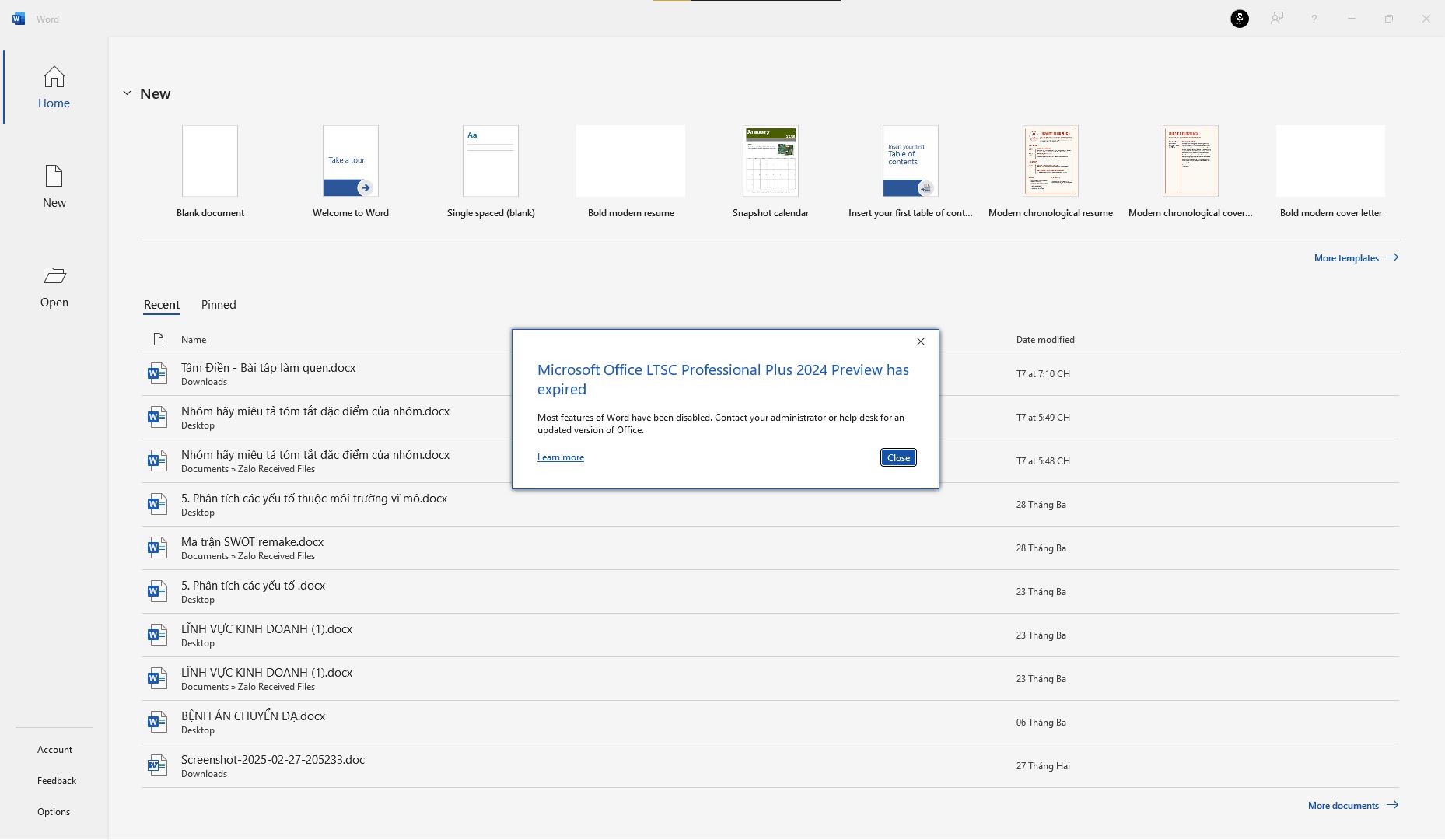 Word, Excel, Powerpoint thông báo Microsoft Office LTSC Professional Plus 2024 Preview has expired