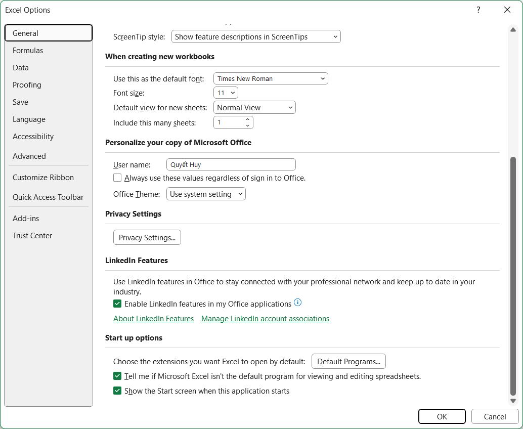 Excel không hiện Start Screen khi khởi động
