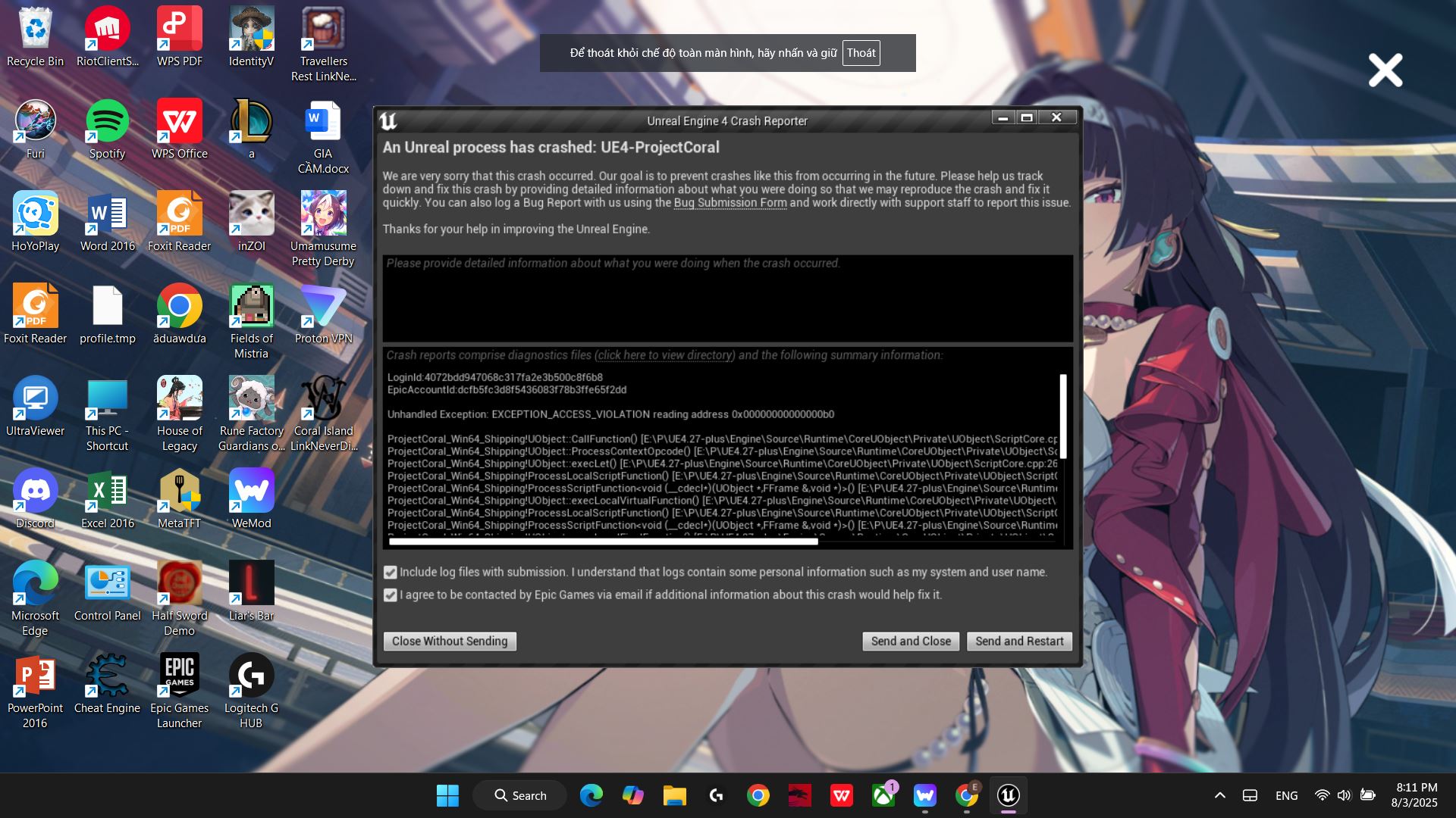 game bị unreal engine crash khi bấm date với npc