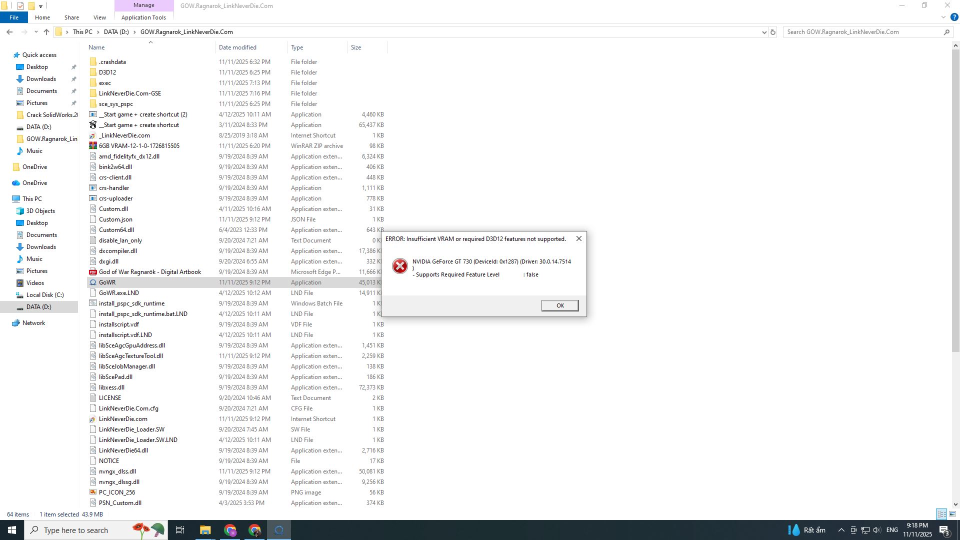 God of War Ragnarok: Lỗi VRam hoặc D3D12 không hỗ trợ card màn hình không hợp lệ