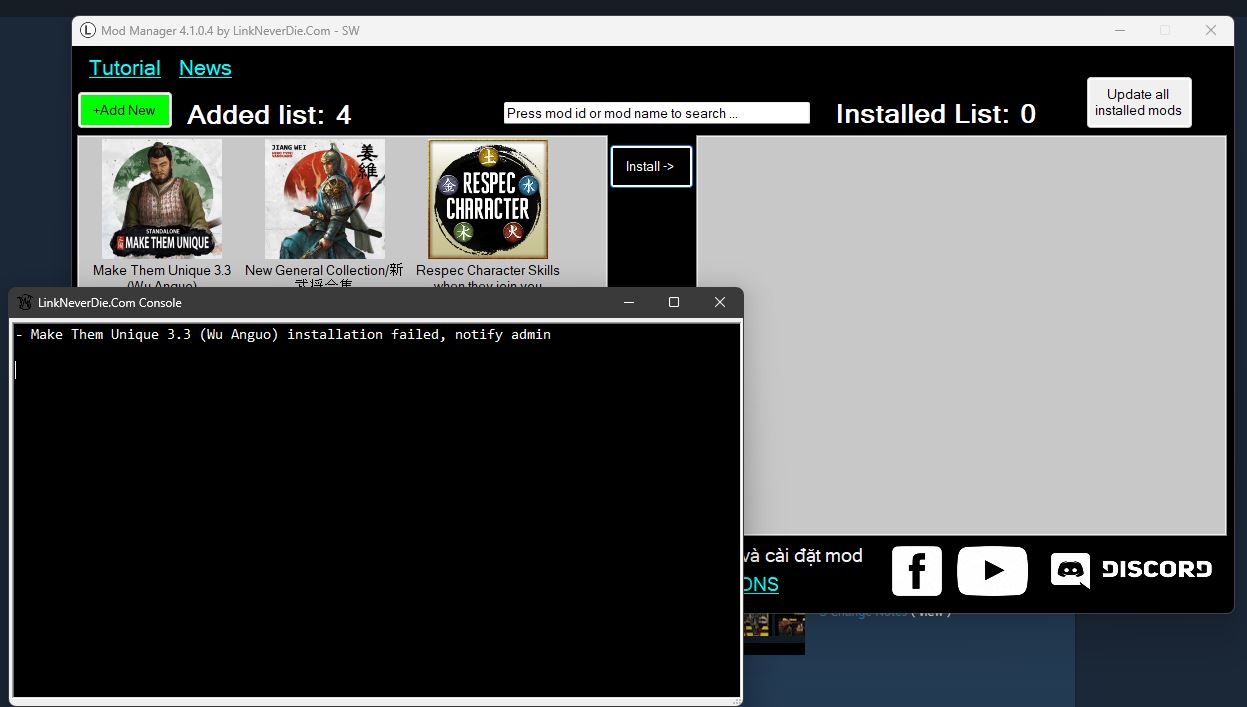Total war three kingdom lỗi khi cài mod của mod manager