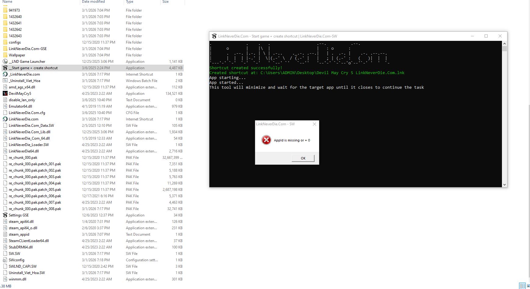 lỗi appid is missing or = 0 game Devil May Cry 5