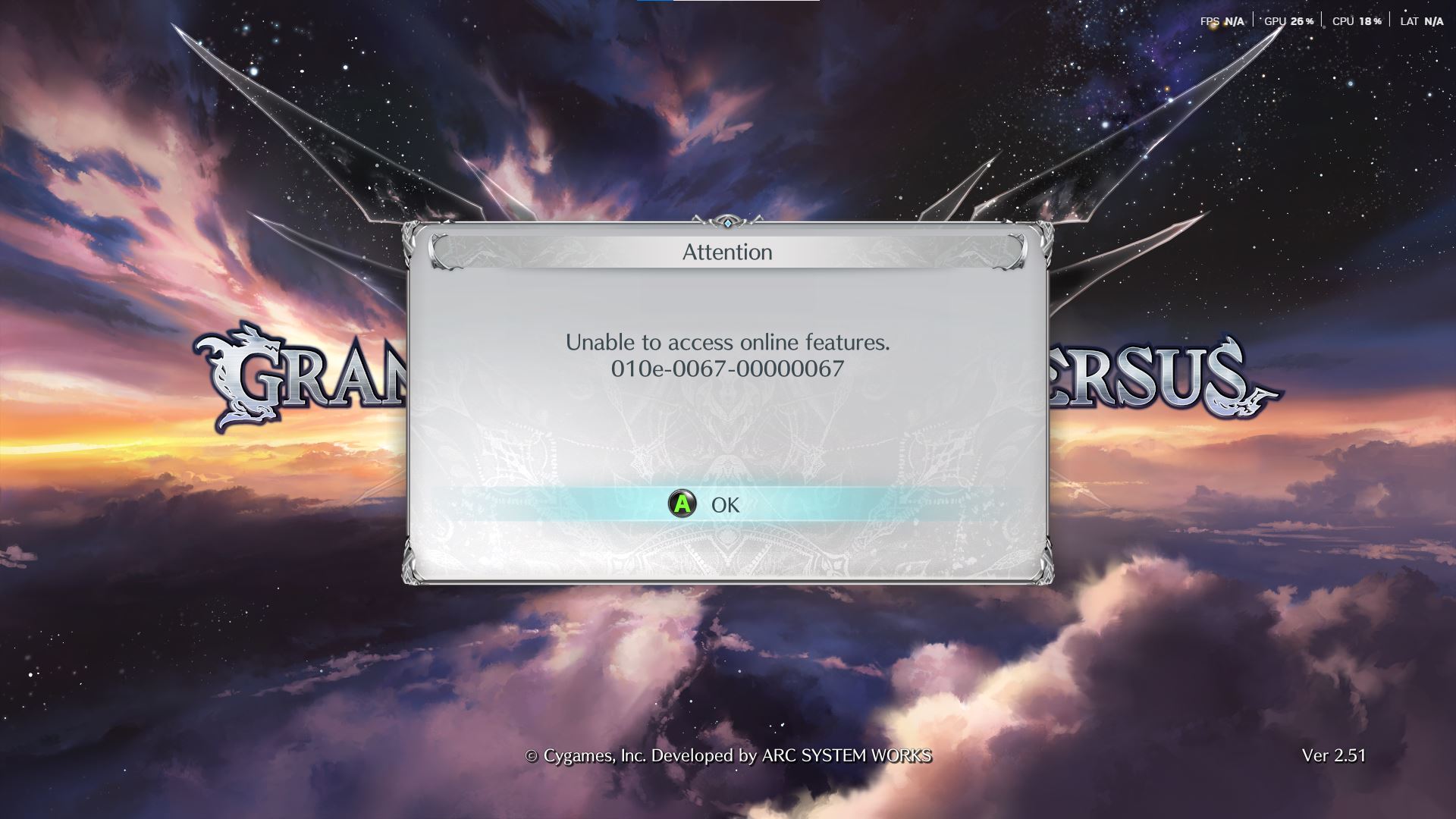 Lỗi truy cập tính năng online 010e-0067-00000067 Granblue Fantasy Versus Rising 2.51