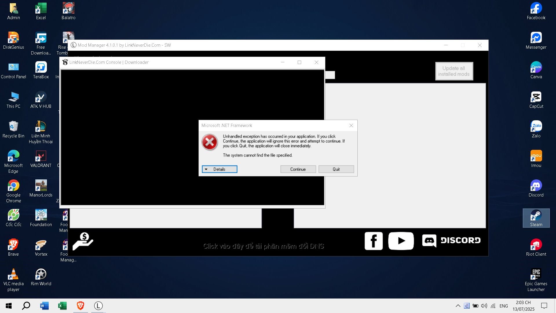Install mod trong Mod Manager Project Zomboid thì nó hiện ra lỗi như vậy ad hỗ trợ em với. Em đổi DNS luôn vẫn không được. Load Mod Manager hay load mod vẫn bình thường đế lúc install mới bị vậy thôi, bấm tiếp tục thì nó không hiện gì nữa 